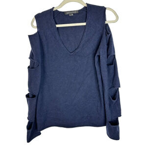 Skull Cashmere Sweater Size M Navy Blue Womens V Neck Cold Shoulder Long Sleeve